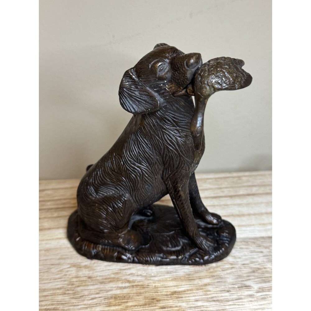 Vintage Bronzed Sculpture Hunting Dog With Pheasant Bird In Mouth Labrador